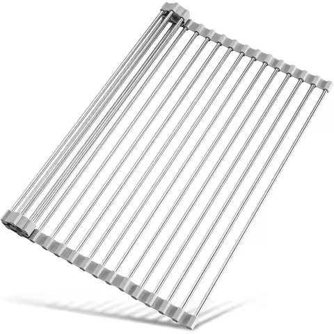 Grey 17.7"×15.5" Roll Up Over Sink Dish Drying Rack, Foldable Stainless Steel Multipurpose Sink Cove