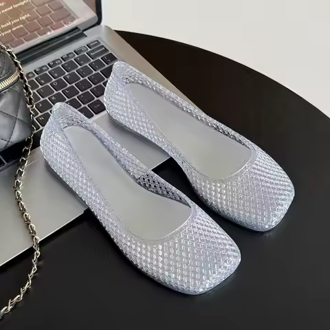 Hollow jelly shoes one-pedal plastic crystal mesh shoes single shoes square head shallow mouth casua
