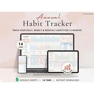 Annual Habit Tracker Planner Google Sheets Template | Daily Weekly Monthly Habit Tracker | Digital R