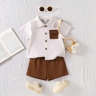 2pcs Comfortable Baby Boy Outfit Set, Summer Clothing: Baby Boy Apricot Gentleman Stylish Short Slee