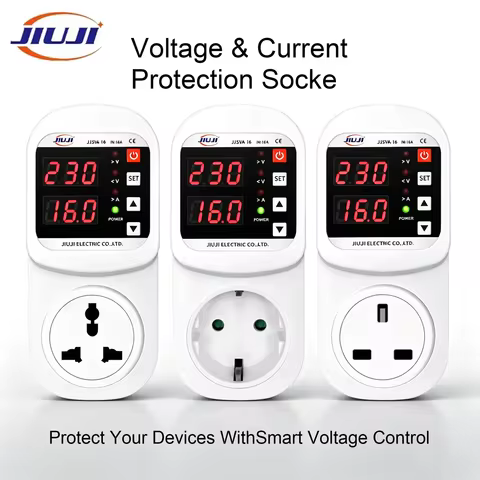 JIUJI Automatic Voltage Current Protector Socket AC 220V Adjustable 1-16A Power Surge Protector Univ