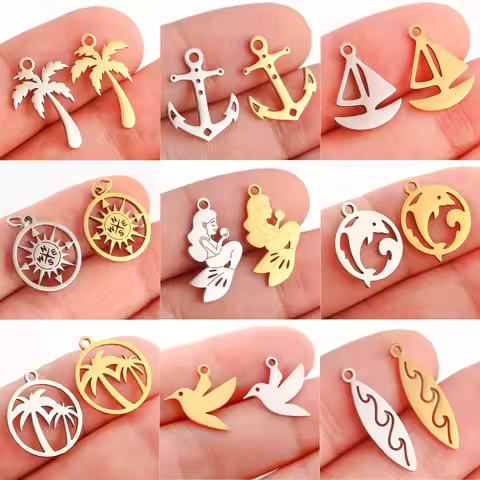 5Pcs Surfing/Anchor/Seagull/Four Leaf Clover Charm Stainless Steel Compass Nautical Pendant DIY Neck
