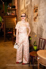 S-XL Set กี่เพ้าเสื้อครอปลายดอกกระดุมเฉียง+กางเกงขายาว ชุดกี่เพ้า คอจีน ชุดใส่ตรุษจีน ปีใหญ่จีน ชุด