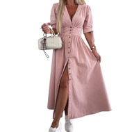 Womens Denim Long Dress V-Neck Short Sleeve Button Down Maxi Dress Casual Jean Dress for Spring Summ