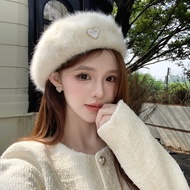 cap woman cap Love White Rabbit Fur Beret Women Autumn Winter All-Match Beret Painter Hat Big Head C