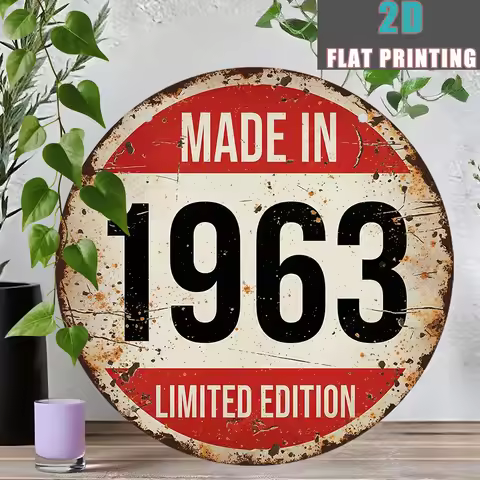 2D Flat - 1 Vintage 1963 Wooden Sign | 8.0x8.0 inch, Red and White Striped Background, "MADE IN" Tex