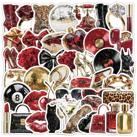 50PCS Gold&Red Y2k Stickers Lucky Girls DIY Stickers Scrapbooking Phone Luggage Skateboard Waterproo