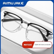 (AIMUJAKE)Retro Half Frame Myopia Glasses Men Anti Blue Light Business Flat Glasses Sven Women Stude