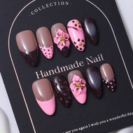 Handmade Almond Shaped Nail Stickers In Wine Red, Featuring A French Y2K Style, 3D Hand Carved Desig