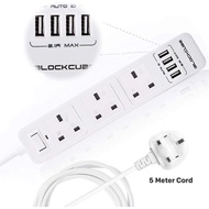 (SG shop) iBlockCube® Extension plug 5M Surge Protected Power Strips Outlets w/ 4 USB Ports, 3 Way Fuse USB Plug Socket