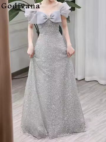 L-4XL Large Size Elegant Sequin Big Bow Slash Neck Evening Dress 2025 New Lace-up High Waist Party P