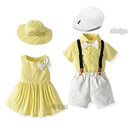 Summer Twins Clothes Baby Boy Girl Yellow Dress Formal Gentleman Shirt + White Short Pants Suit Twin