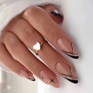 Stiletto False Nails Full Cover Nail Tips Almond Fake Nails With Heart Gold Line Pearl Design Press On Nails Full Cover Nail Tip