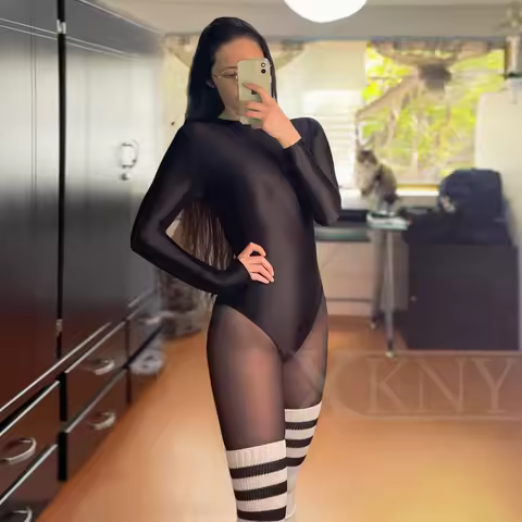 XClocKNYoung satin glossy swimsuit tight Zipper Bodysuit high fork long sleeve mjinm glossy swimsuit