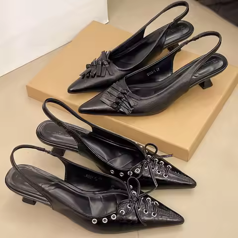 2025 Size 42 Vintage y2k Flowers Black Pointy Toe Slingback Pumps Cross-strap Summer 5cm Kitten Heel