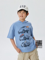 男童裝|Logo寬鬆短袖帽T-湖藍色