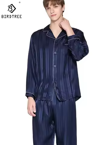 Birdtree 100% Silk Pajamas Sets Men Homewear Male Casual Striped Long Sleeve Loungewear Pant 2Piece 