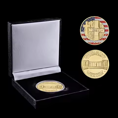 WWII Normandy War Cimetiere American Gold Challenge Army Medal Commemorative Coins W/ Luxury Box Col
