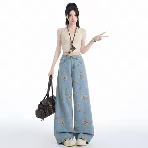 Loose Korean Denim Floral Print Casual High Quality Y2k Summer Flared Jeans Women Look Thinner Bootc