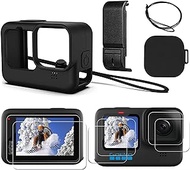 Hero 9 Silicone Sleeve Protective Case + 【6 PCS】 Tempered Glass Screen Protector for Hero 10 Hero 9, Accessories Kit for GoPro Hero 10/Hero 9 Black 【Battery Side Cover +Lens Cap+ Lanyard】