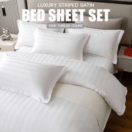 【Ready Stock】Luxury Hotel available 100% Cotton Fitted Bedsheet Set 1200TC Satin Stripe Soft  Bedshe