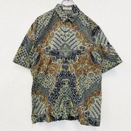 古著 INTAN 短袖全印花襯衫，復古BOTANICAL印尼蠟染圖案，L 碼