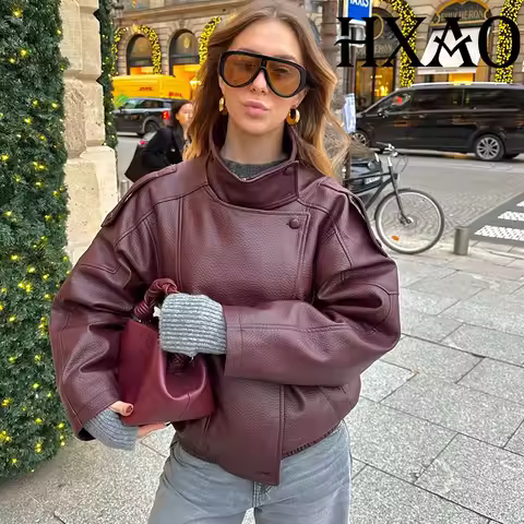 HXAO Women's Red Jacket Cropped Faux Leather Bomber Jacket Coats Long Sleeve Zipper Black Brown Coat
