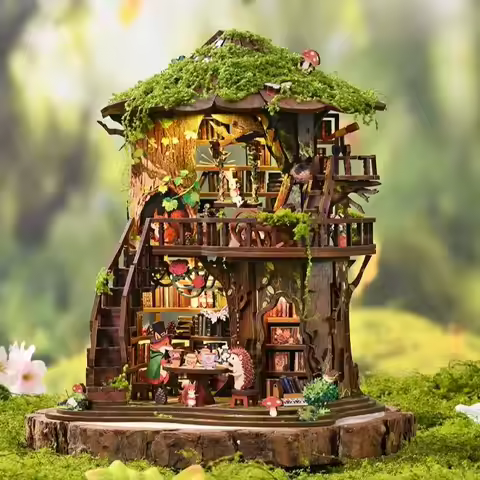 3D Wooden Puzzle Dollhouse DIY Miniature House Kit Assemble Fantasy Book Nook Bookend Miniature Furn