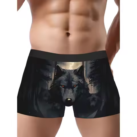 Wild Wolf Graphic Boxer Briefs Black with Red Wolf Design Comfort Fit for Casual Wear Novelty Underw