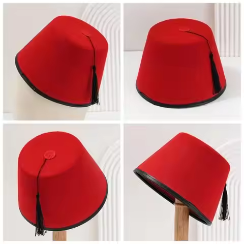 Traditional Felt Fez Cap Round Red Color Moroccan Hat Breathable Tarboosh Fez Hat Universal