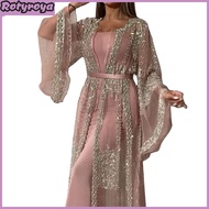 2 Pcs/Set Women Evening Dress Big Swing Shiny Bronzed Cardigan Slip Dress Set See-through Mesh Long