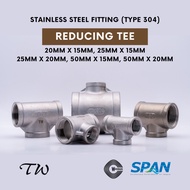 TW Stainless Steel 304 Pipe Fitting Reducing Tee - 20x15mm, 25x15mm, 25x20mm, 50x15mm, 50x20mm
