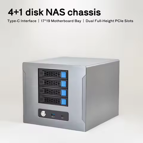 4+1 Drive NAS Chassis, Type-C Interface, 17*19 Motherboard Bay, Dual Full-height PCIe Slots, FLEX Po