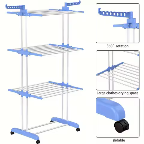 4 Tier Foldable Clothes Drying Rack 4 Tier Movable Rolling Laundry Rack with 4 Wheels Large Capacity