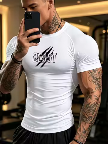 Men's brand print compression shirt BEAST Claw Print Quick Dry Short Sleeve Gym Workout Fitness Spor