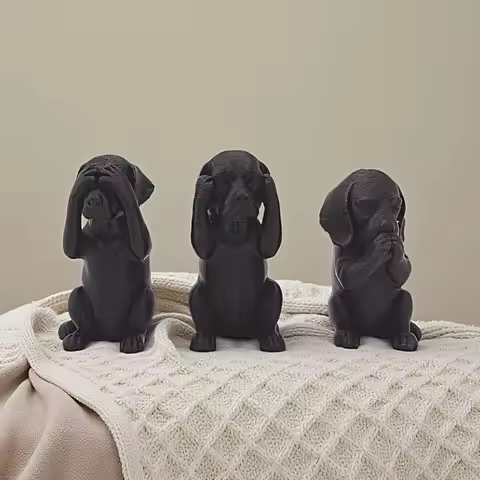 3-Piece Set of Three Wise Dog Statues, 3D Printed Dachshund Statues, Modern Home Desk and Office Dec