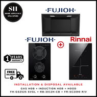 FUJIOH FH-GS2525 SVGL DOMINO GAS HOB 2 BURNERS + RINNAI RB-3012H-CB 30CM INDUCTION HOB 2 ZONE + FR-SC2090 R/V 900MM INCLINED DESIGN COOKER HOOD - 1 YEAR WARRANTY