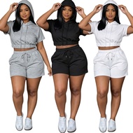 GY309 Solid Color Casual Suit Women Hooded Short-Sleeved Sweatshirt Drawstring Shorts Sports Two @-