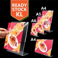 (Ready Stock) A4 A5 A6 Display L-Stand Acrylic/Transparent Card Stand/Paparan Restaurant/Photo Foto/