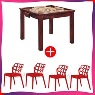 Prosperity Solid Wood Mahjong Table WITH 4 Units of Sibeh Huat Hoseh Series Mahjong Plastic Chair Stool