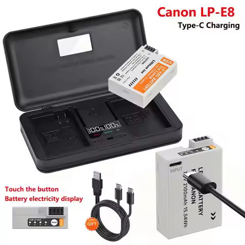 LP-E8 LP E8 LPE8 Battery with Type-C Input+Storage Box LCD Dual Charger for Canon EOS 550D 600D 650D