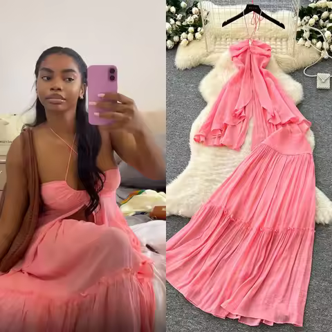 Women Two Pieces Dress Sets Solid Matching Sets Asymmetry Slit Halter Collar Top Ankle Length Empire