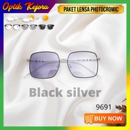 kacamata wanita photocromic | frame besar 9691 | anti radiasi - black silver blueray