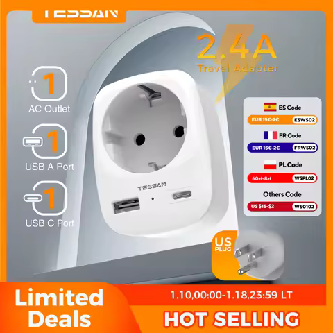 TESSAN Travel Adapter USA Adapter America Europe Plug with USB C 3A Socket Adapter Travel Plug Power