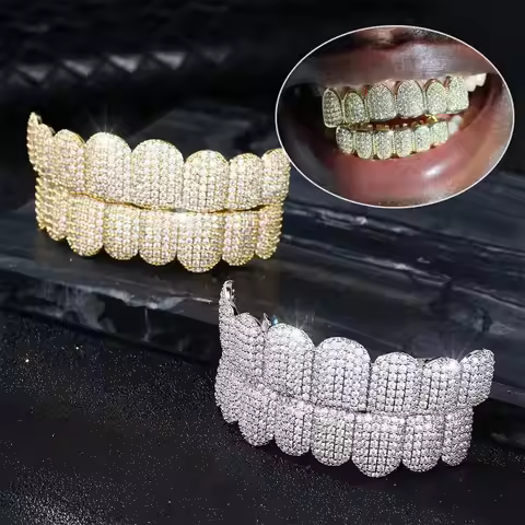 Hip Hop Teeth Grillz Set Top & Bottom Set Removable Design Hiphop Teeth Grillz Rhinestone Hollow Cha
