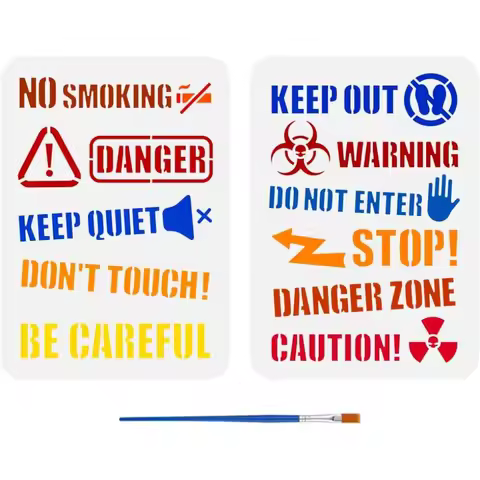 2 Pcs Warning Words Drawing Stencil with A Paint Brush 11.7x8.3 inch Warning Signs Painting Template