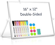 DOLLAR BOSS Small White Board with Stand, 16" X 12" Desktop Magnetic Whiteboard Double-Sided Dry Era