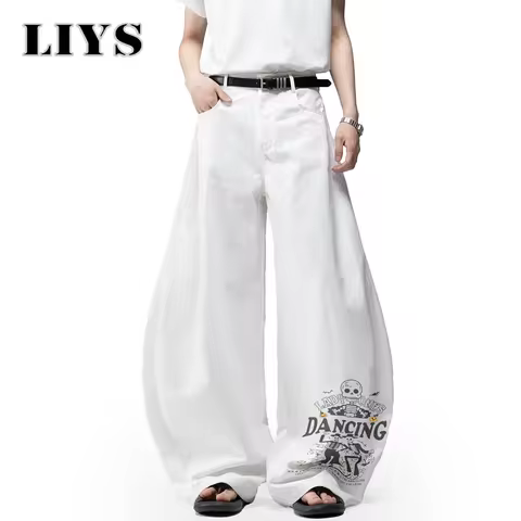 Korean White Baggy Men's Machete Wide Leg Jeans 100% Cotton Print Hip-Hop Academic Baggy Unisex Deni