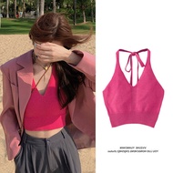 PX เสื้อไหมพรมคล้องคอ Y2K สายฝอ เสื้อครอปเปิดไหล่ เสื้อสายเดี่ยวผูกคอ โชว์หลัวสุดเซ็กซี่ เสื้อผู้หญิ