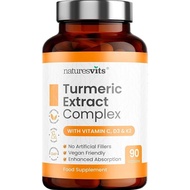 Turmeric Capsules with Black Pepper, Vitamin C, D3 and K2, 90 Count - High Strength Joint Health Sup